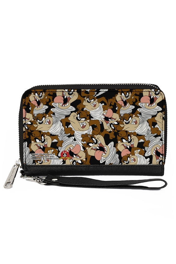 Looney Tunes Wallet, Zip Around, Tasmanian Devil Vortex Poses Scattered Black, Vegan Leather