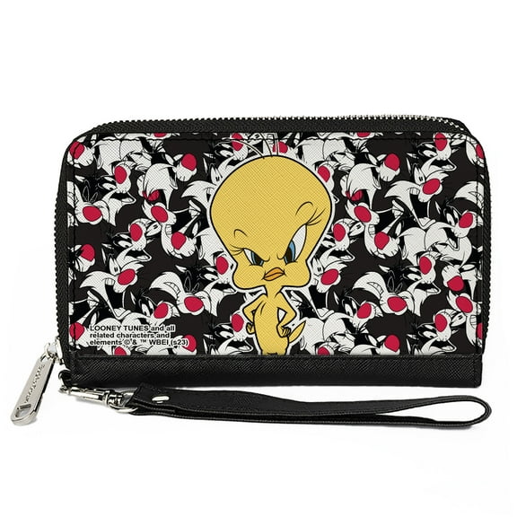 Looney Tunes Wallet, Zip Around, Tweety Pose Sylvester the Cat Expressions Stacked Black White, Vegan Leather
