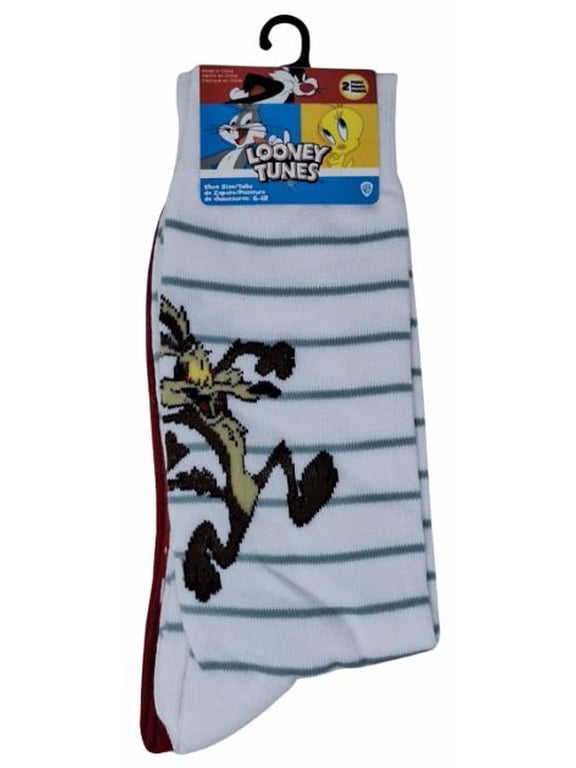 Wile E. Coyote Crew Socks, White and Red, Shoe Size 6-12, 2-Pair Pack
