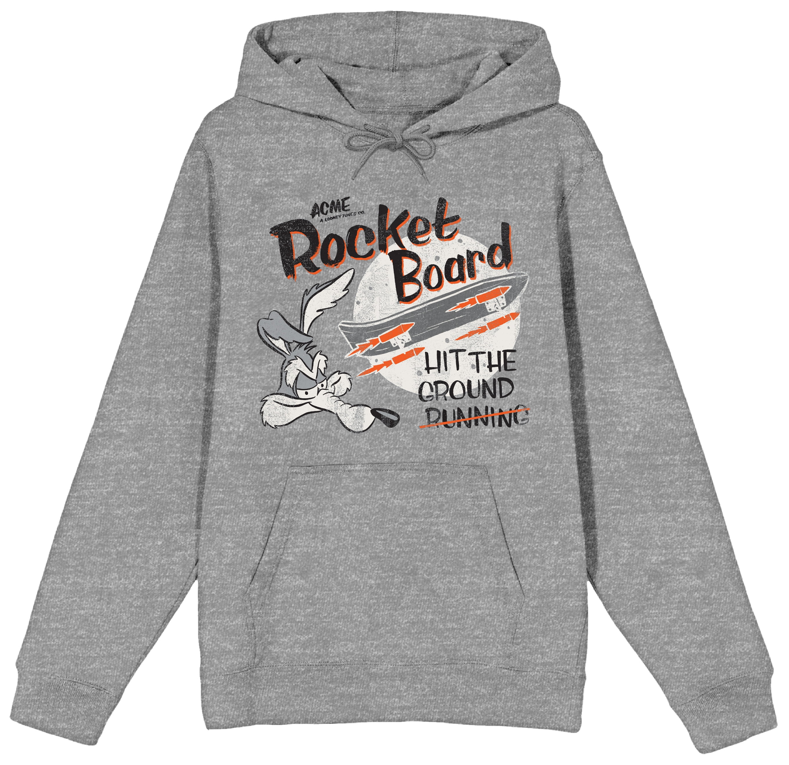 Looney Tunes Wile E. Coyote Rocket Board Men's Heather Grey Graphic Hoodie-L