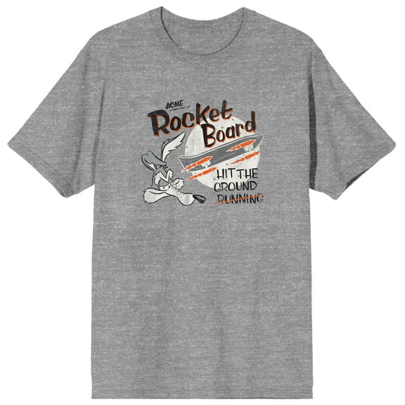 Looney Tunes Wile E. Coyote Rocket Board Men's Heather Grey Graphic Tee-M