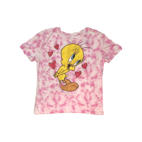 Looney Tunes Womens Pink Tie Dye Tweety Bird Distressed Look Tee Shirt Small
