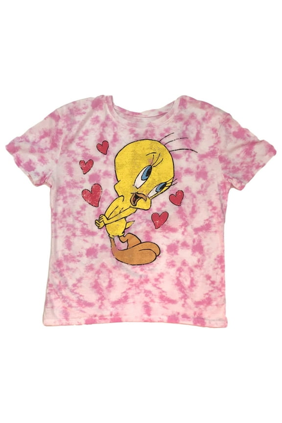 Womens Pink Tie Dye Tweety Bird Distressed Look Tee Shirt Small