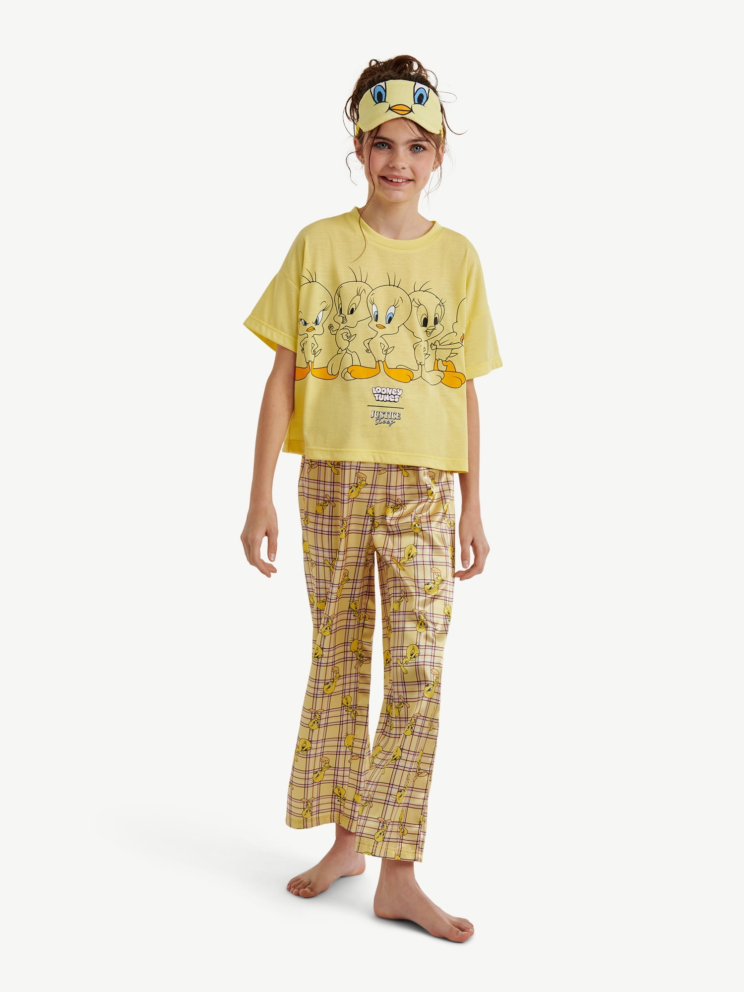 Looney Tunes X Justice Girls Short Sleeve Sleep Top and Sleep Pants with Eyemask, 3-Piece, Sizes 5-18