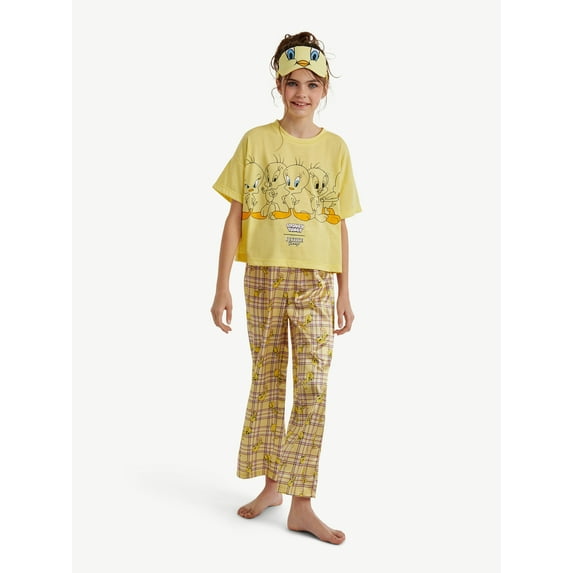 Looney Tunes X Justice Girls Short Sleeve Sleep Top and Sleep Pants with Eyemask, 3-Piece, Sizes 5-18