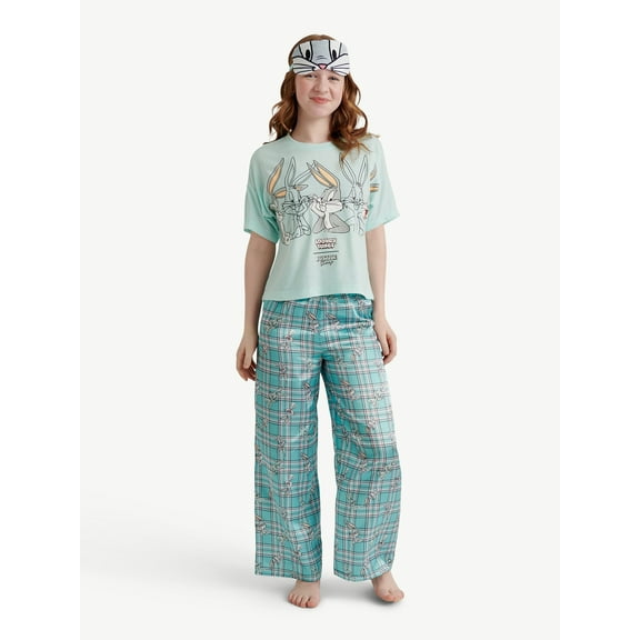 Looney Tunes X Justice Girls Short Sleeve Sleep Top and Sleep Pants with Eyemask, 3-Piece, Sizes 5-18