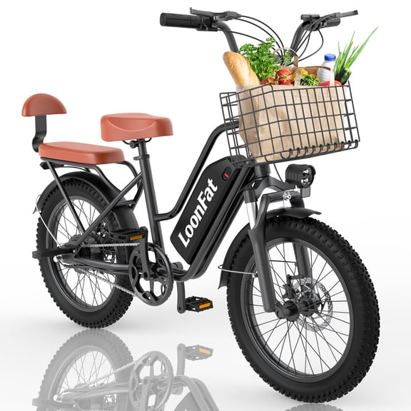 Loonfat T20 Adult E-Bike 1000W peak motor 48V 15.6Ah battery 30-mile range 20-inch wide tires 25 mph top speed Mechanical brakes Removable basket