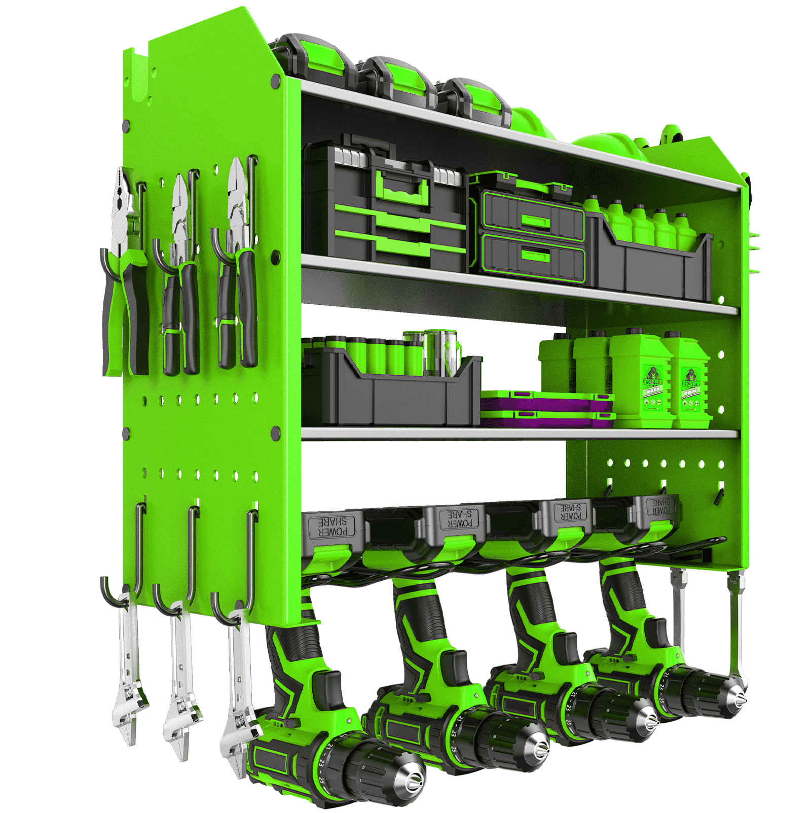 Loonpon Power Tool Organizer Wall Mount, 4-Layer Drill Storage Shelf with Hooks,Screwdriver,Drill Bit Heavy Duty Rack Green