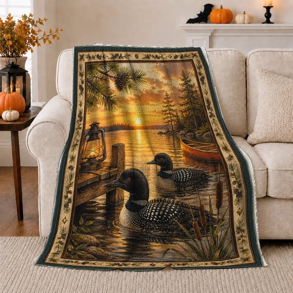 Loons on Sunset Lake with Dock Lantern and Canoe, Rustic Wildlife Nature Art for Lake Lovers, Birthday Gift, Soft Flannel Blanket for Cabin and Bedroom, Lodge Home Decor
