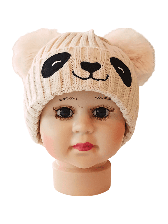 Baby and Toddler Panda Knit Winter Beanie Hat with Ears, Beige, 6 Months - 3 Years Old