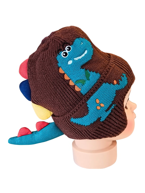 Toddler Unisex Knit Dinosaur Cuffed Beanie with 3D Spikes and Faux Fur Lining, Brown, Ages 1-3 Years