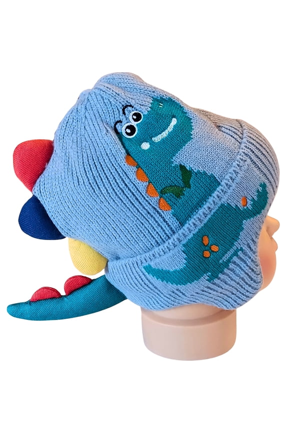 Toddler Unisex Knit Dinosaur Cuffed Beanie with 3D Spikes and Faux Fur Lining, Light Blue, Ages 1-3 Years
