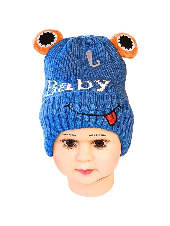 Toddler Unisex Knit Frog Face Winter Hat with Eye Appliques, Blue, Ages 6M-3Y