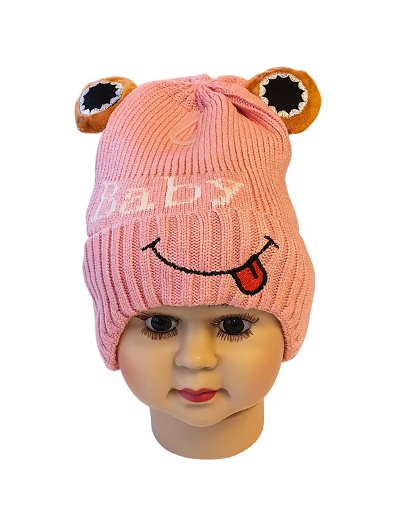 Toddler Unisex Knit Frog Face Winter Hat with Eye Appliques, Pink, Ages 6M-3Y