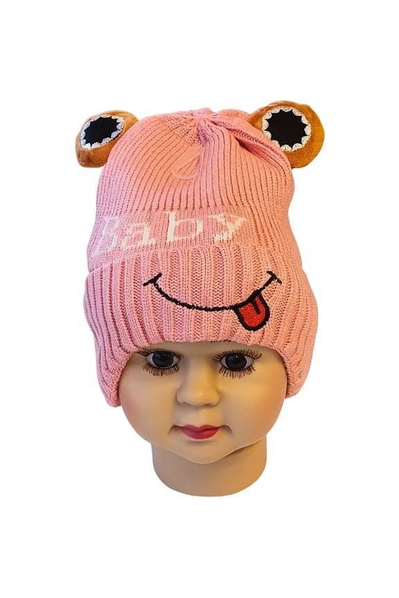 Toddler Unisex Knit Frog Winter Hat with Eye Appliques, Pink, Ages 6M-3Y