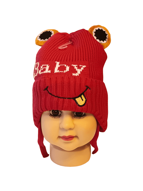 Toddler Unisex Knit Frog Face Winter Hat with Eye Appliques, Red, Ages 6M-3Y