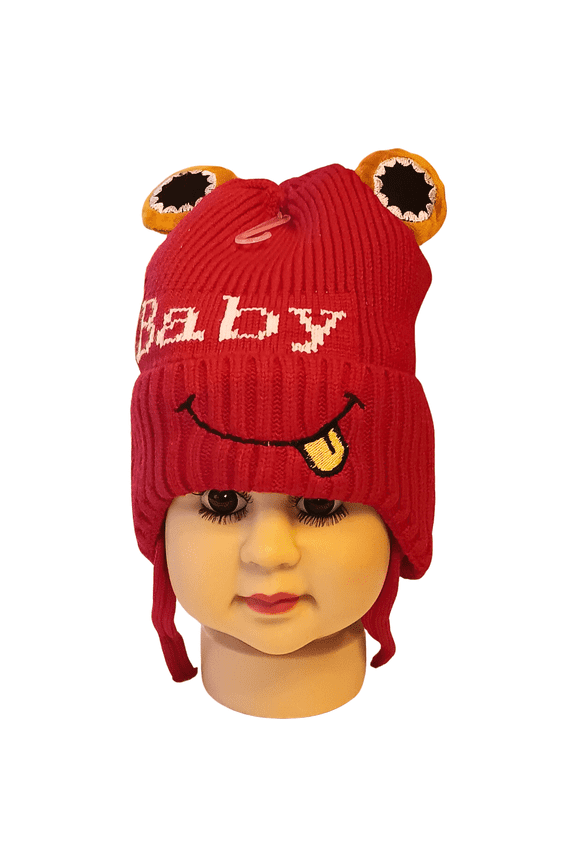 Toddler Unisex Knit Frog Face Winter Hat with Eye Appliques, Red, Ages 6M-3Y