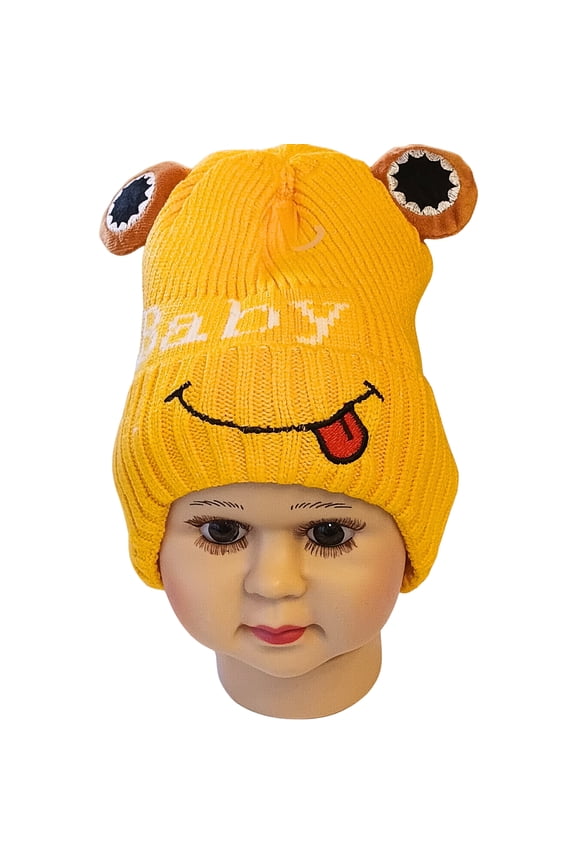 Toddler Unisex Knit Frog Winter Hat with Eye Appliques, Yellow, Ages 6M-3Y