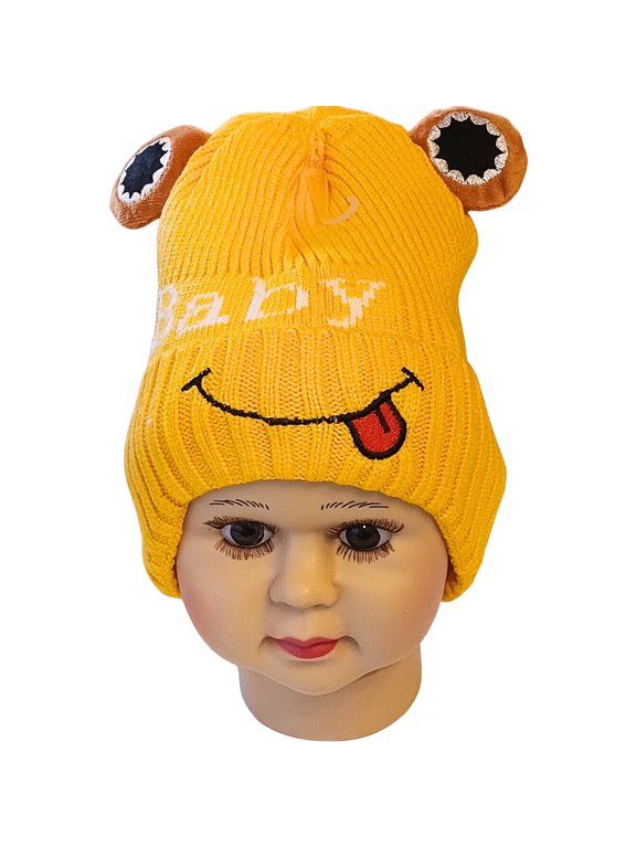 Toddler Unisex Knit Frog Face Winter Hat with Eye Appliques, Yellow, Ages 6M-3Y