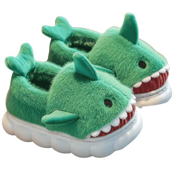 Loonyx Big Kids Winter Shark Fluffy Slippers, Unisex, Closed Toe, Green, Size 4