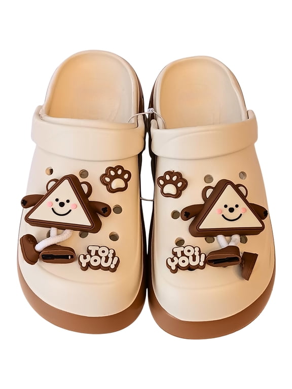 Women's Platform Clog Sandals with Decorative Charms, Beige and Brown, Size 8