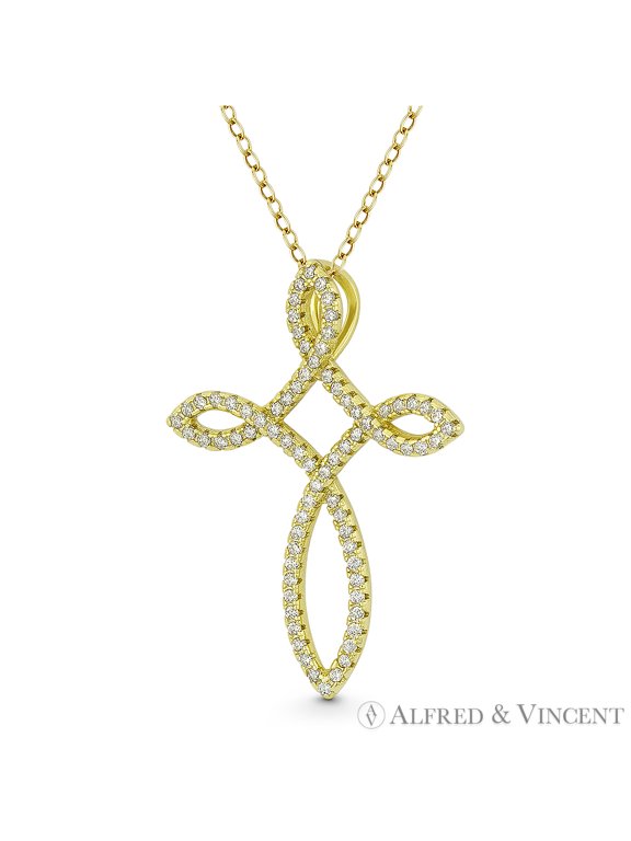 Loop Cross Cubic Zirconia CZ Crystal Pave 36x26mm (1.4x1in) Christian Pendant & Chain Necklace in .925 Sterling Silver w/ 14k Yellow Gold