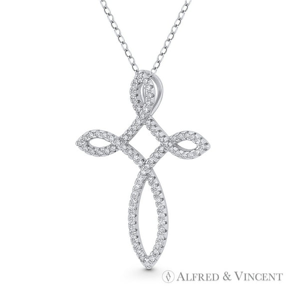 Loop Cross Cubic Zirconia CZ Crystal Pave 36x26mm (1.4x1in) Christian Pendant & Chain Necklace in .925 Sterling Silver w/ Rhodium