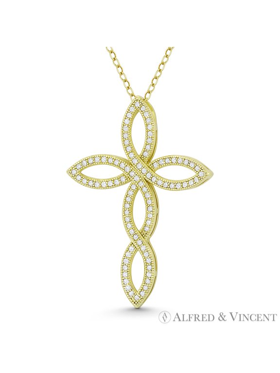 Loop Cross Cubic Zirconia CZ Crystal Pave 37x27mm (1.5x1.1in) Christian Pendant & Chain Necklace in .925 Sterling Silver w/ 14k Yellow Gold