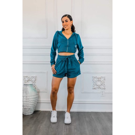 Loop Terry Zip Up Cropped Hoodie and Drawstring Waist Shorts Set
