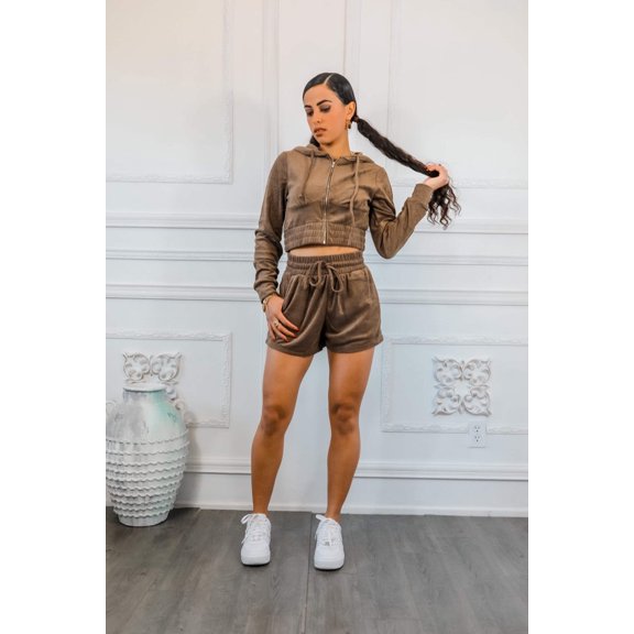 Loop Terry Zip Up Cropped Hoodie and Drawstring Waist Shorts Set