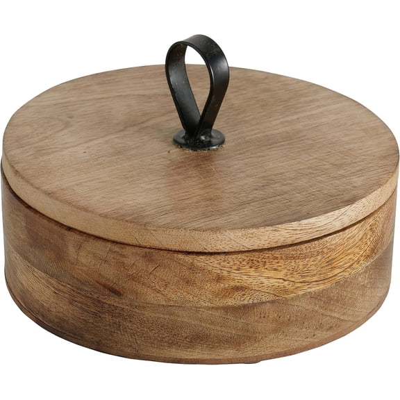 Loop Top Decorative Box, Modern Farmhouse Style, Natural Mango Wood, Black Iron, Rustic Nut Brown, 7.5 Inches Diameter