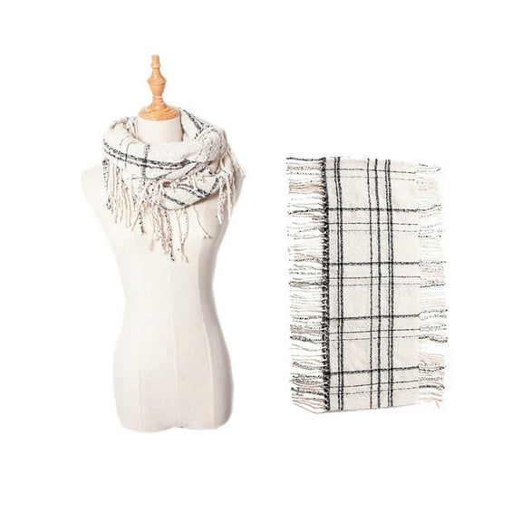 Loop Yarn Plaid Scarf with Long Fringe, Warm Winter Neck Wrap for Men & Women,30*85cm,white