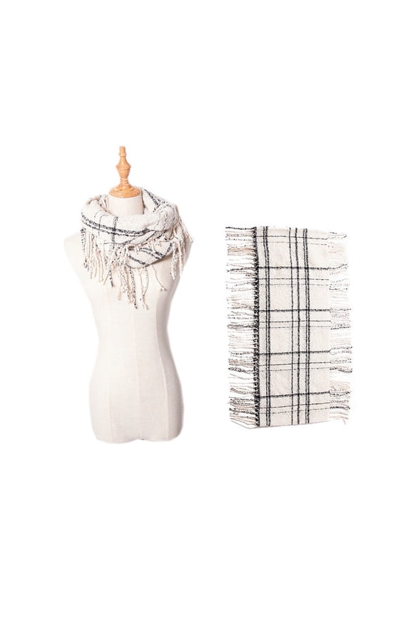 Loop Yarn Plaid Scarf with Long Fringe, Warm Winter Neck Wrap for Men & Women,30*85cm,white