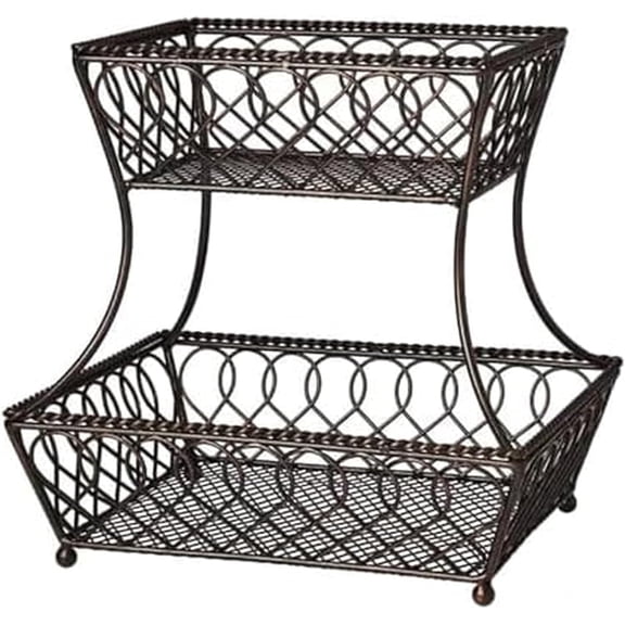 Loop and Lattice 2-Tier Rectangular Metal Countertop Basket, 14.25 x 12 Inches, Antique Black Finish, Kitchen Fruit and Bread Storage Organizer