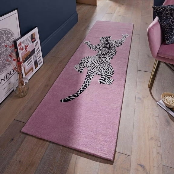 LoopCut Modern Handmade Climbing Jaguar Wool Area Rug | Animal Print Wool Rug for Living Room, Bedroom or Home Decor (Pink, 8' x 2'6" (Runner))