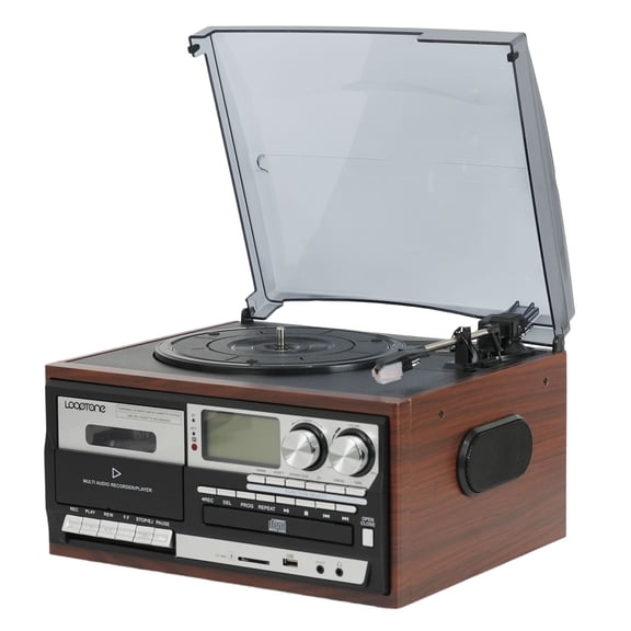 LoopTone 3 Speed Vinyl Record Player 10 in 1 Bluetooth In/Out Vintage Turntable CD Cassette Player AM/FM Radio USB Recorder Aux-in RCA Line-Out