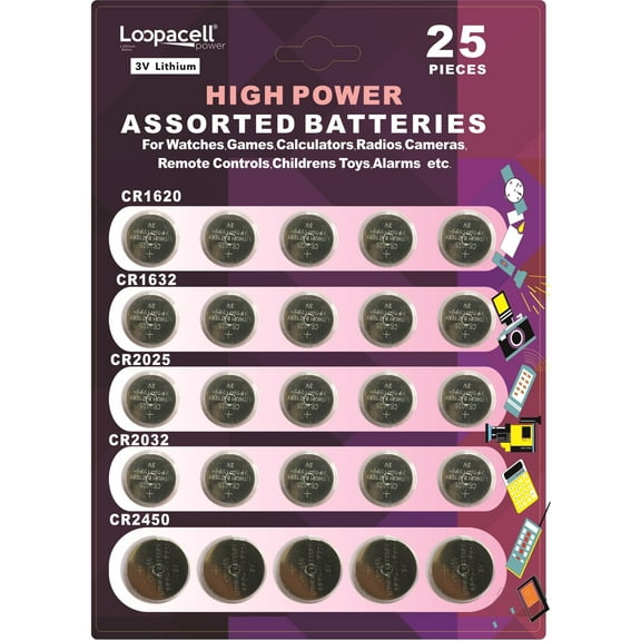 Loopacell High Power Button Cell 3V Lithium Assorted Batteries CR2032, CR2025, CR2450, CR1620, CR1632