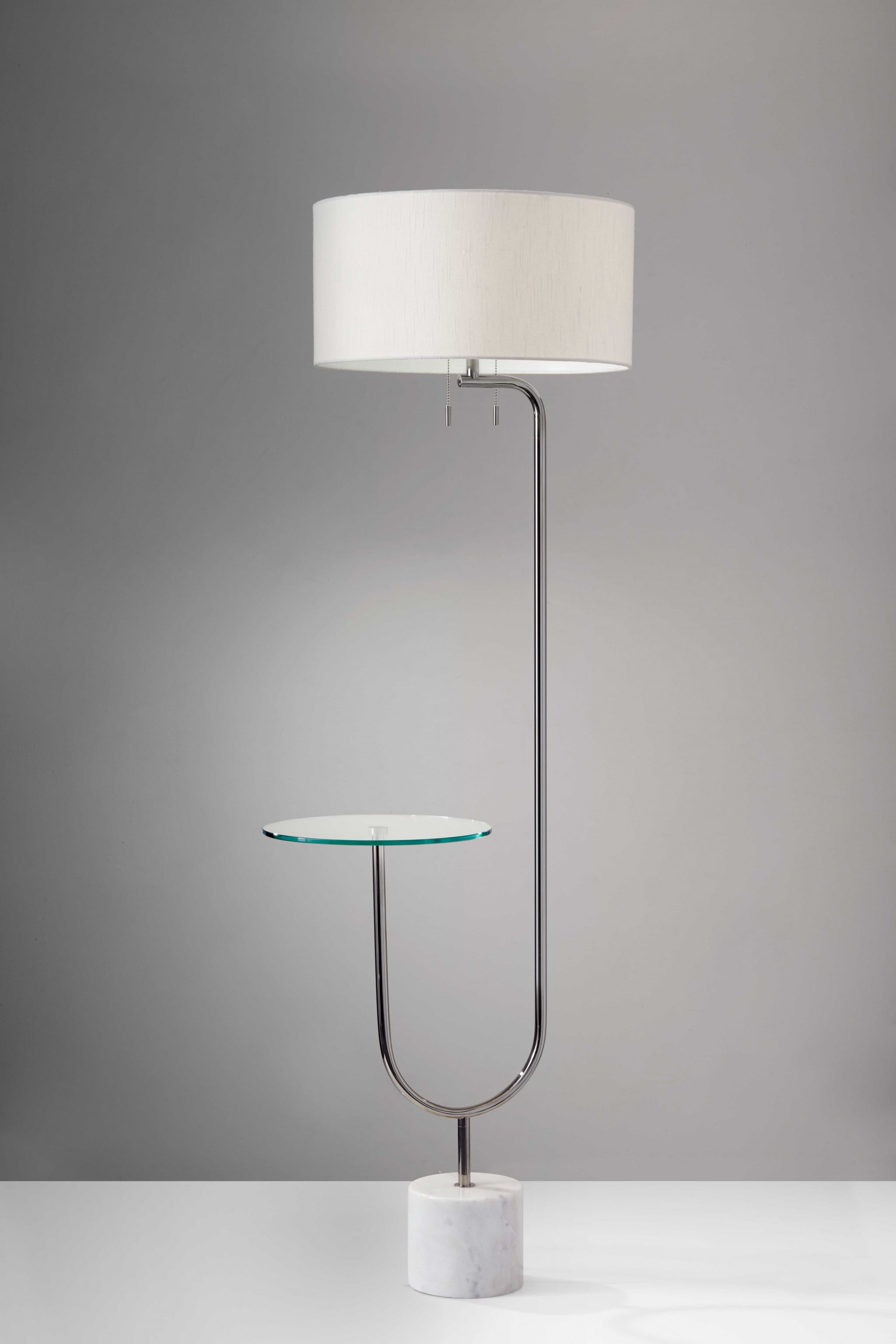 Sleek White Marble & Glass Shelf Floor Lamp with Polished Nickel Finish
