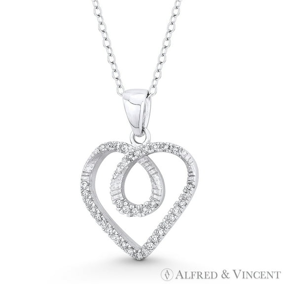 Looped Heart Charm CZ Crystal Pave Pendant & Chain Necklace in .925 Sterling Silver w/ Rhodium