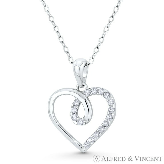 Looped Heart Charm CZ Crystal Pave Pendant & Chain Necklace in .925 Sterling Silver w/ Rhodium