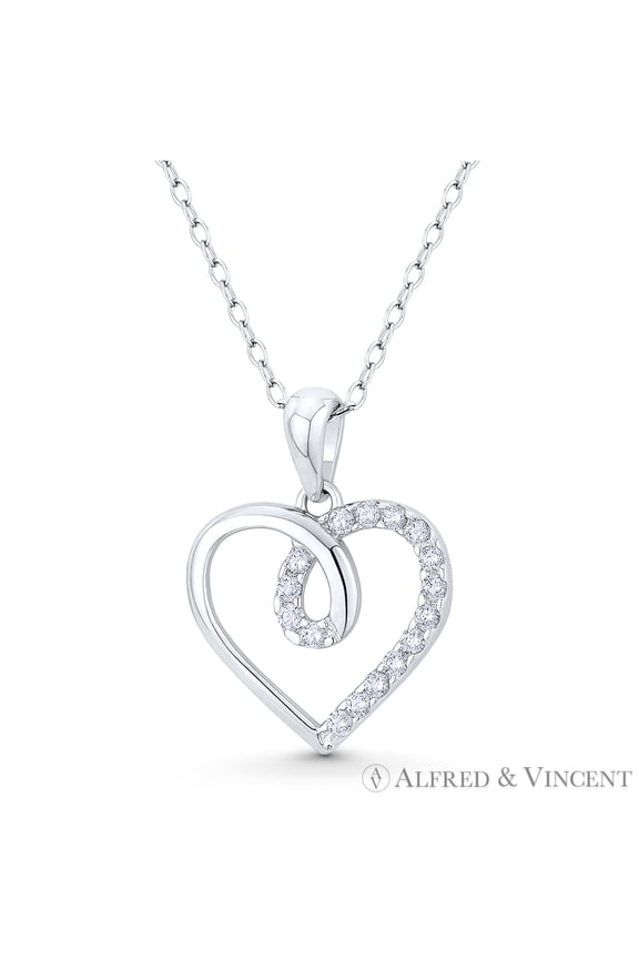 Looped Heart Charm CZ Crystal Pave Pendant & Chain Necklace in .925 Sterling Silver w/ Rhodium