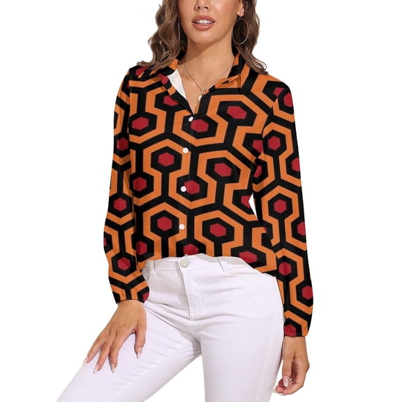 Looped Hexagons Orange Red Black Long Sleeve Blouse Woman Streetwear Casual Shirts Summer Oversize Woman Streetwear Clothing Birthday Present