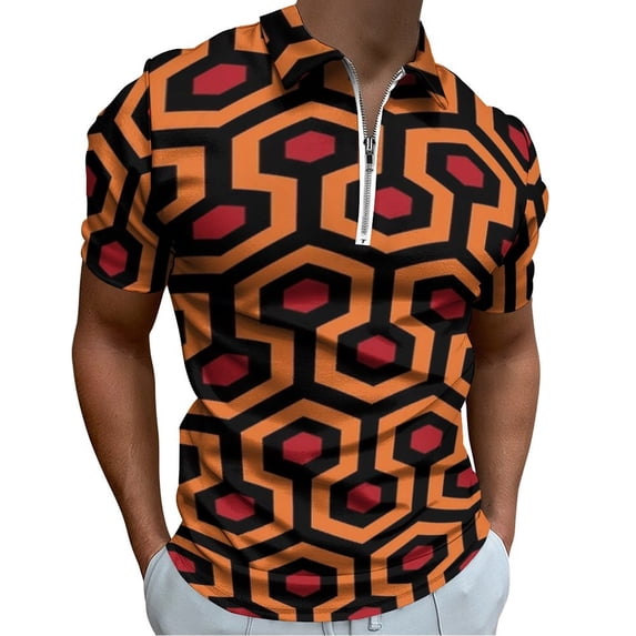 Looped Hexagons Orange Red Black Men Zipper T-shirt Summer Casual Short Sleeve T-shirt Top