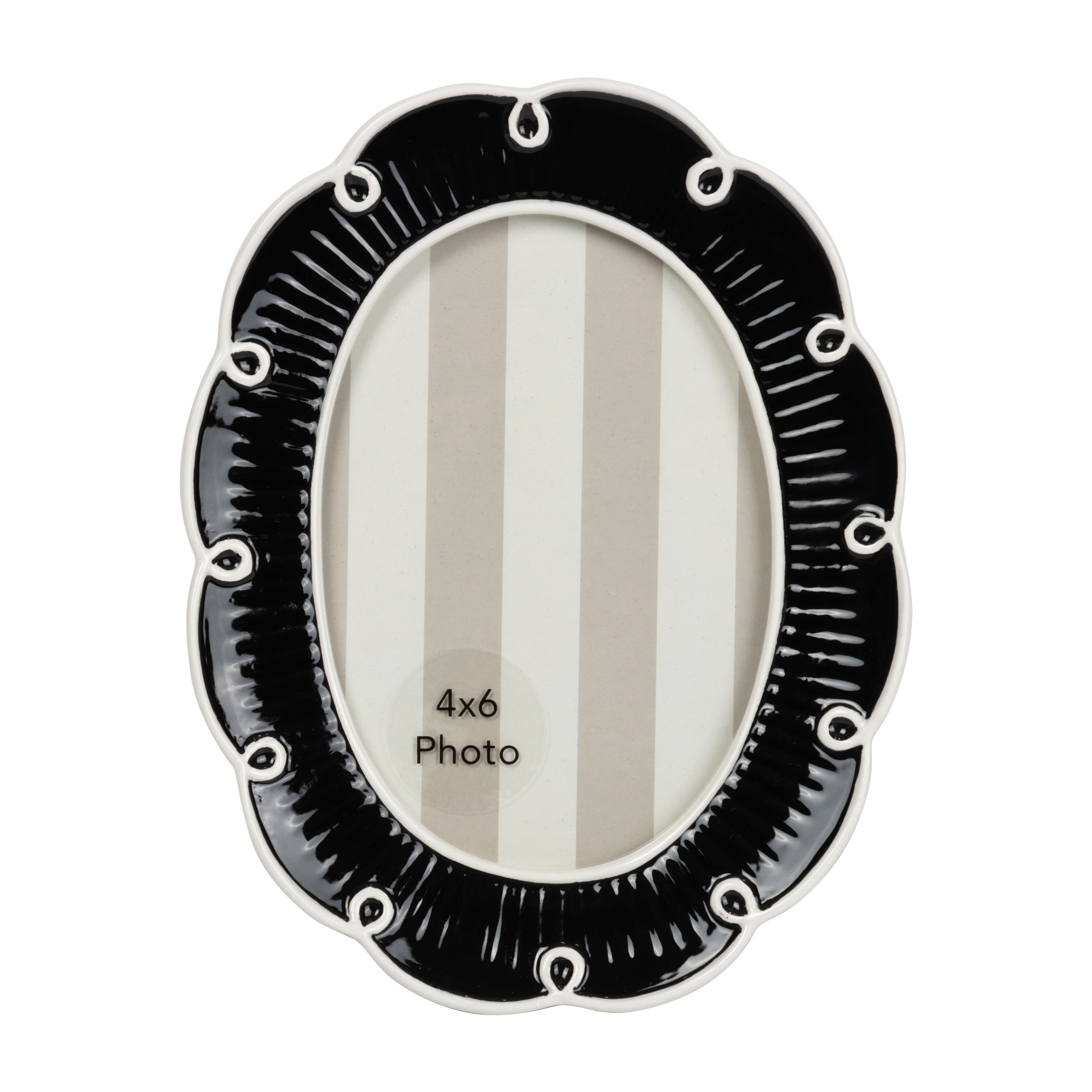 Sterling & Noble Home – 4x6 Picture Frame – Looped Scalloped Black Cream Oval Ceramic Photo Frame