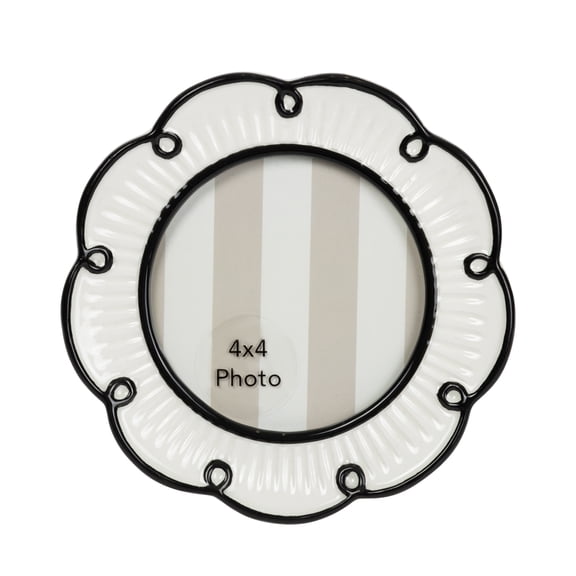 Sterling & Noble Home 4x4 Picture Frame Looped Scalloped Cream Black Round Ceramic Photo Frame
