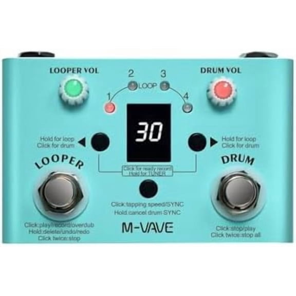 Looper Pedal Drum Machine with Tuner 11-Minute Loop, 30 Preset Drum Patterns, App Editing & Sharing, Dual Power Modes, Tuner, Drum Machine, Loop Mixed Mode$$Musical Instruments