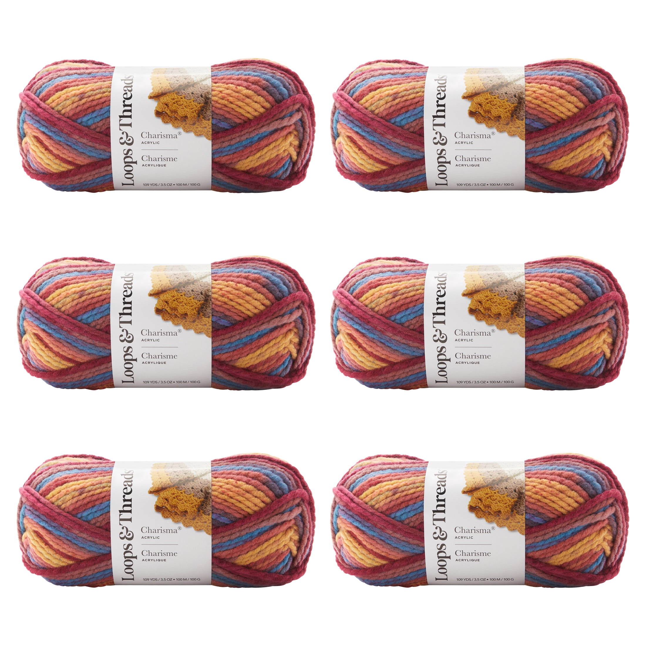 Loops & Threads Charisma Yarn, Soft Bulky Weight Acrylic for Quick Knitting, Assorted Colors, 3.5 oz., 6-Pack