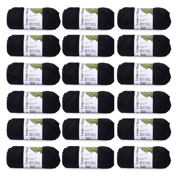 Loops & Threads Impeccable Solid Yarn - Solid Yarn for Knitting, Crochet, Weaving, Arts & Crafts - Black, Bulk 18 Pack