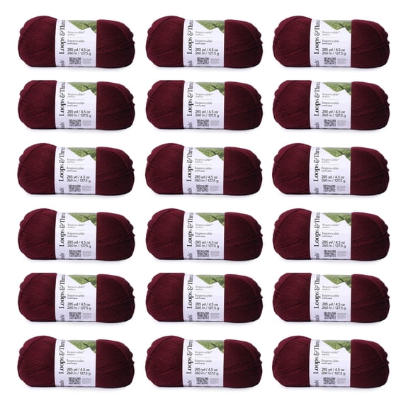 Loops & Threads Impeccable Solid Yarn - Solid Yarn for Knitting, Crochet, Weaving, Arts & Crafts - Burgundy, Bulk 18 Pack