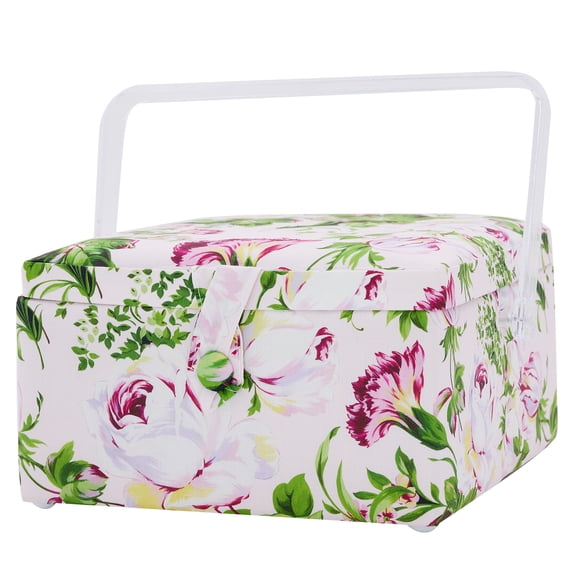 Loops & Threads Sewing Basket Fabric-Covered Storage Box with Handle - Tray & Magnetic Closure - Pink - 8.75" x 8.75" x 4.75" - 1 Pack